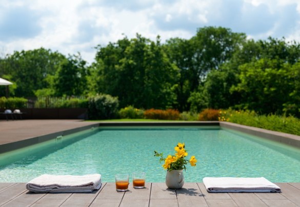 The rectangular pool has steps for access to the water - Villa Pergola