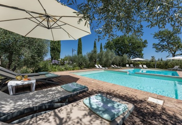 Area piscina con lettini e ombrelloni - Villa San Nazario